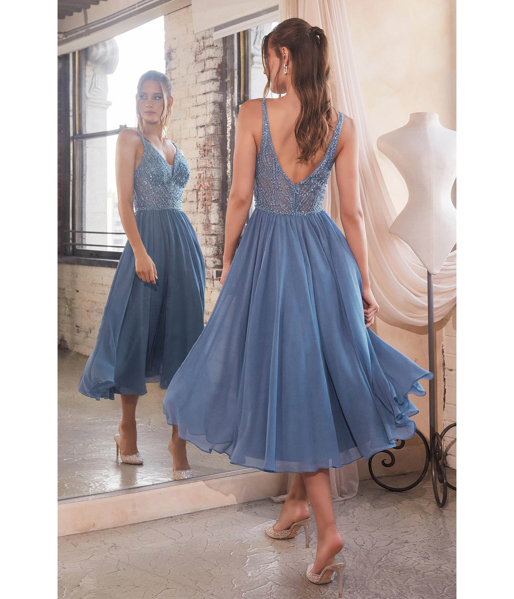 Smoky Blue Beaded Chiffon Tea Length Dress - Unique Vintage - Womens, DRESSES, PROM AND SPECIAL OCCASION