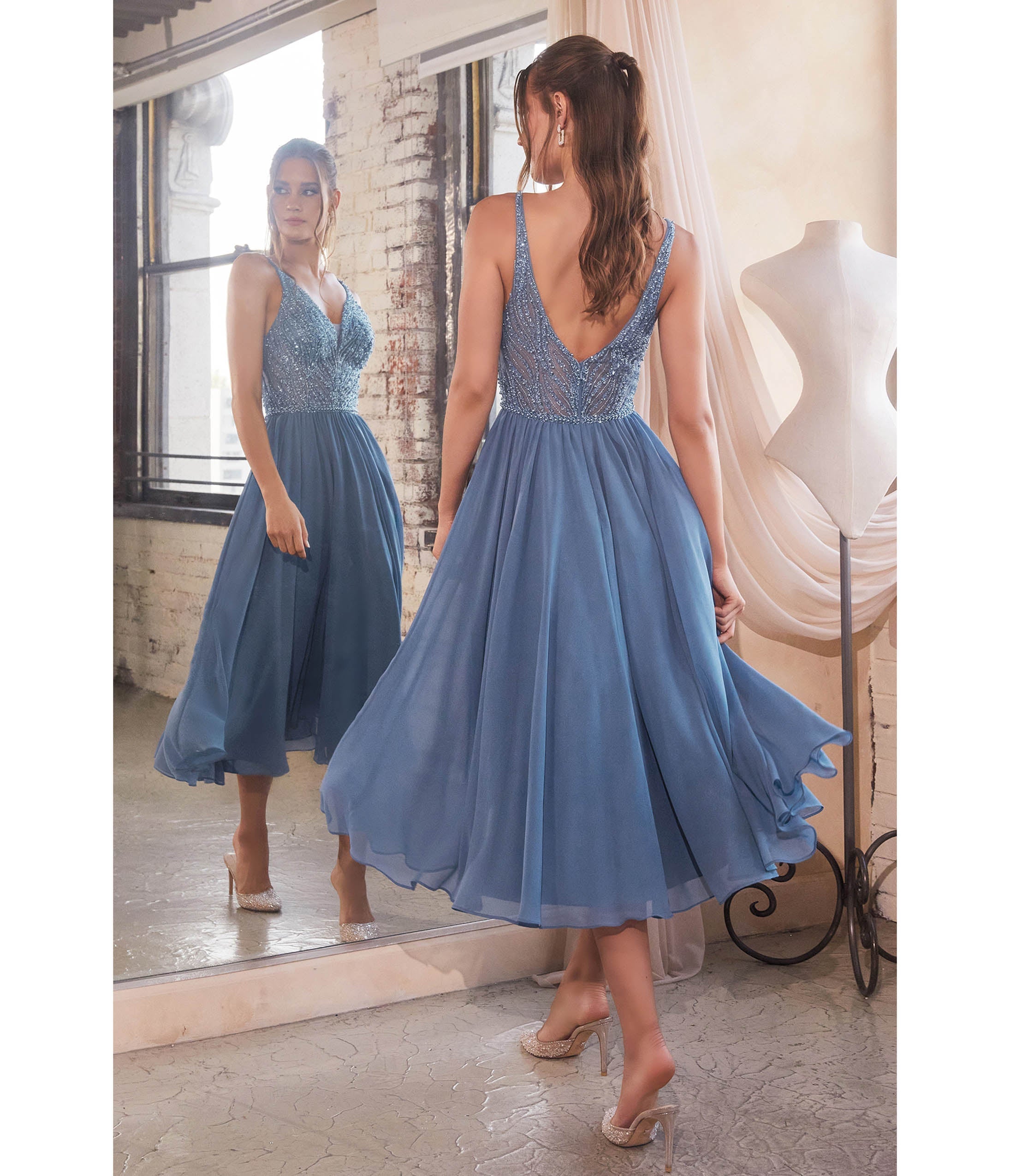 Smoky Blue Beaded Chiffon Tea Length Dress - Unique Vintage - Womens, DRESSES, PROM AND SPECIAL OCCASION