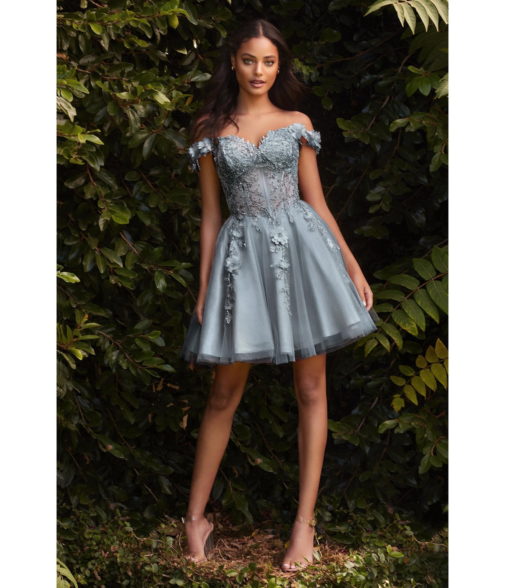 Smoky Blue Beaded & Floral Applique Off The Shoulder Cocktail Dress - Unique Vintage - Womens, PROM AND SPECIAL OCCASION