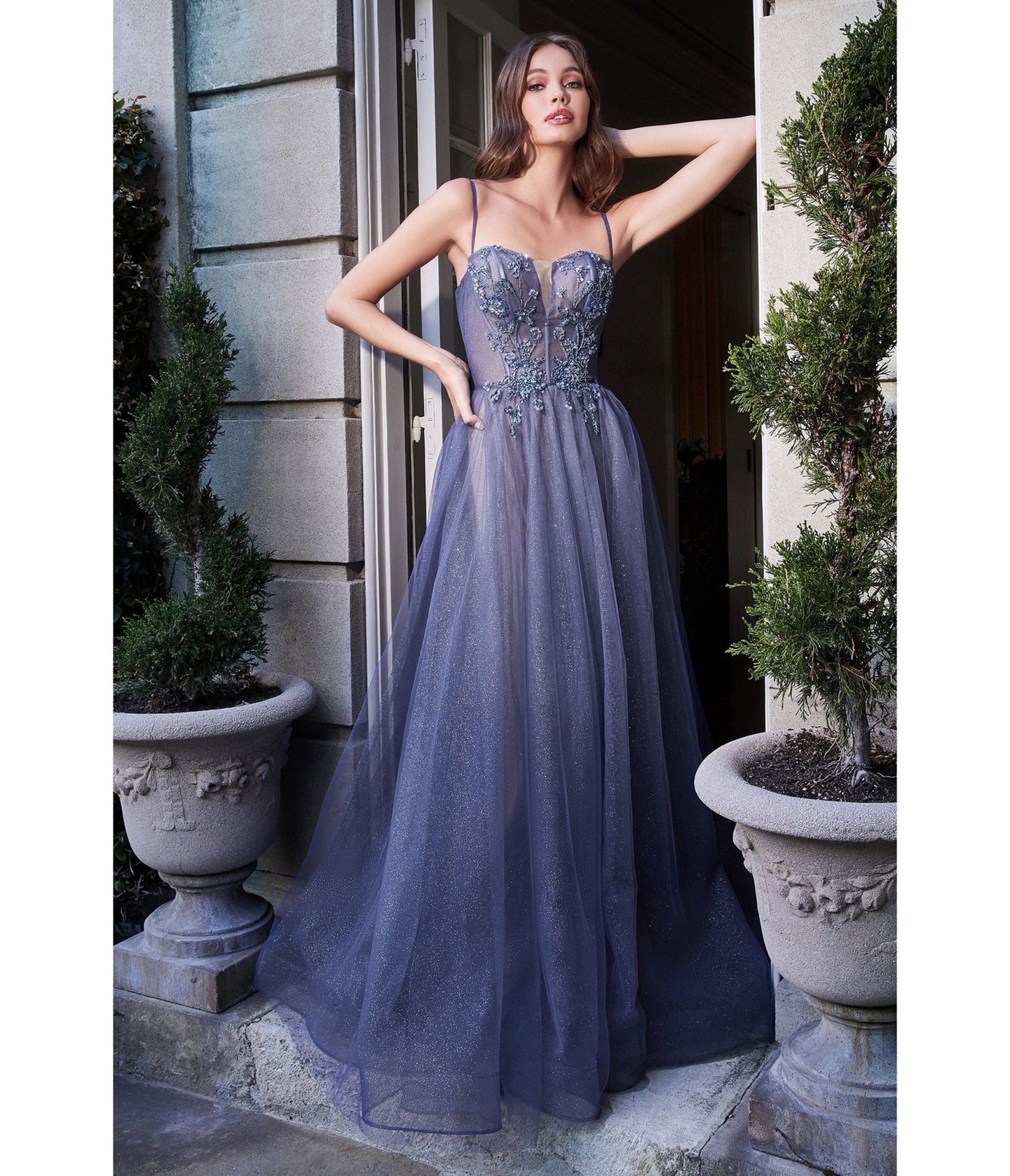 Smoky Blue Embroidered Corset Magical Puff Sleeve Ball Gown - Unique Vintage - Womens, DRESSES, PROM AND SPECIAL OCCASION