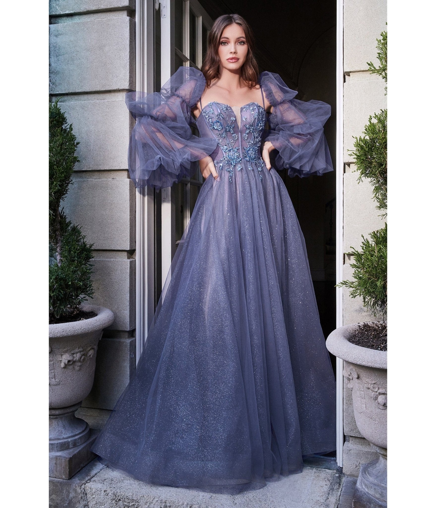 Smoky Blue Embroidered Corset Magical Puff Sleeve Ball Gown - Unique Vintage - Womens, DRESSES, PROM AND SPECIAL OCCASION