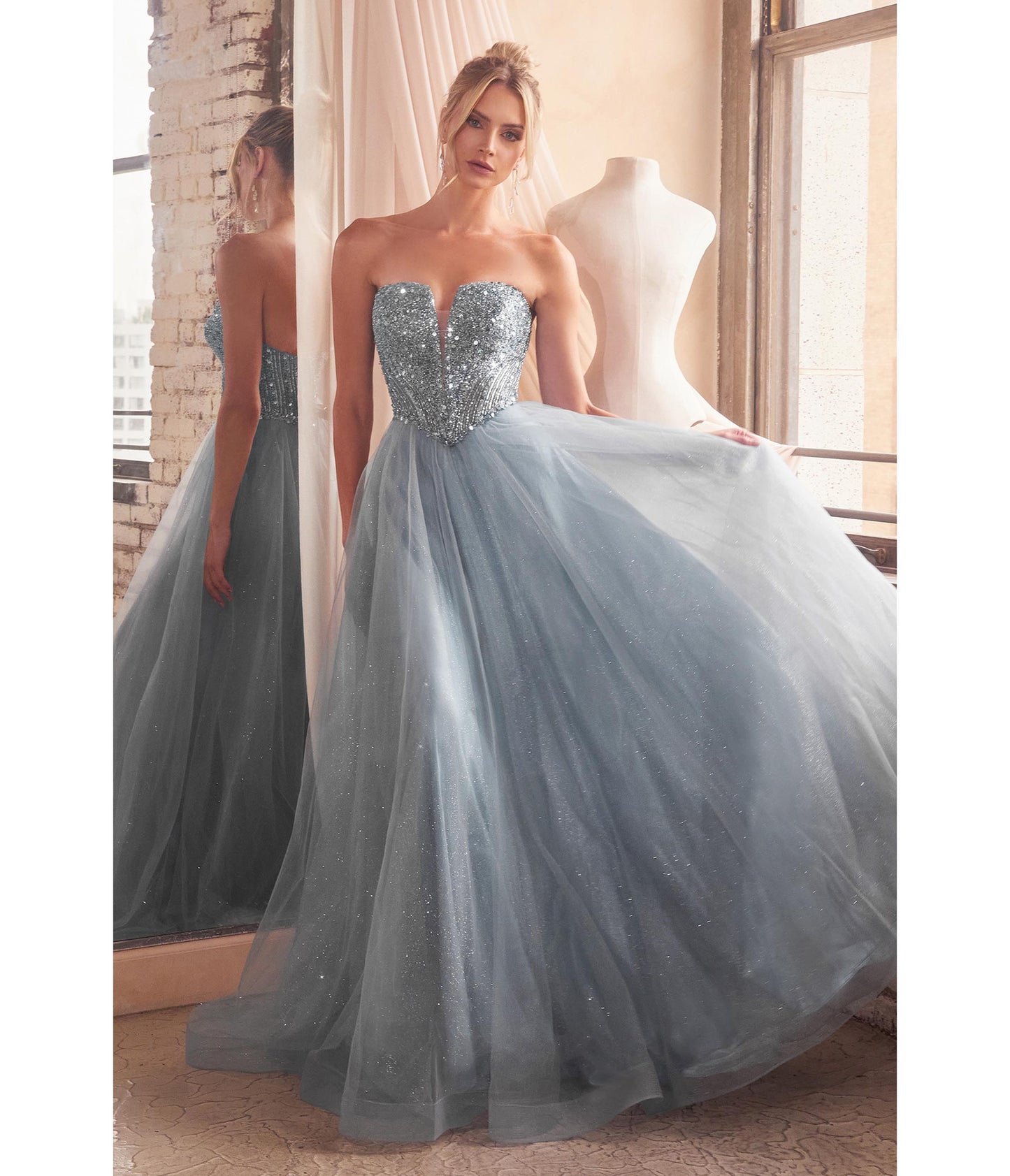 Smoky Blue Glitter Bodice & Tulle Prom Ball Gown - Unique Vintage - Womens, DRESSES, PROM AND SPECIAL OCCASION