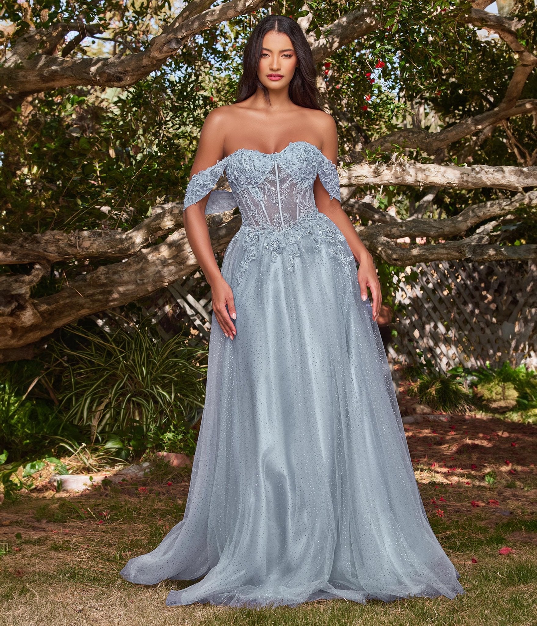 Smoky Blue Glitter Lace & Tulle Embellished Off The Shoulder Prom Gown - Unique Vintage - Womens, DRESSES, PROM AND SPECIAL OCCASION
