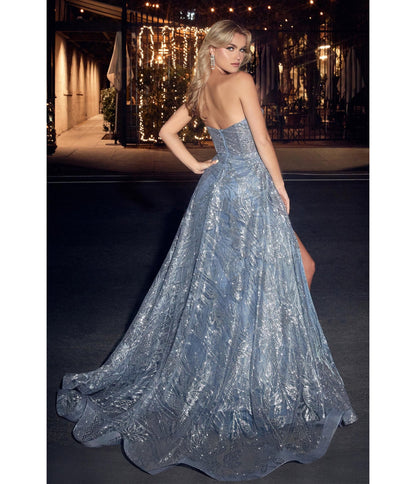 Smoky Blue Glitter Printed Strapless Mermaid Evening Gown - Unique Vintage - Womens, DRESSES, PROM AND SPECIAL OCCASION