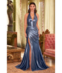 Cinderella Divine  Smoky Blue Pleated Satin Halter Corset Evening Gown