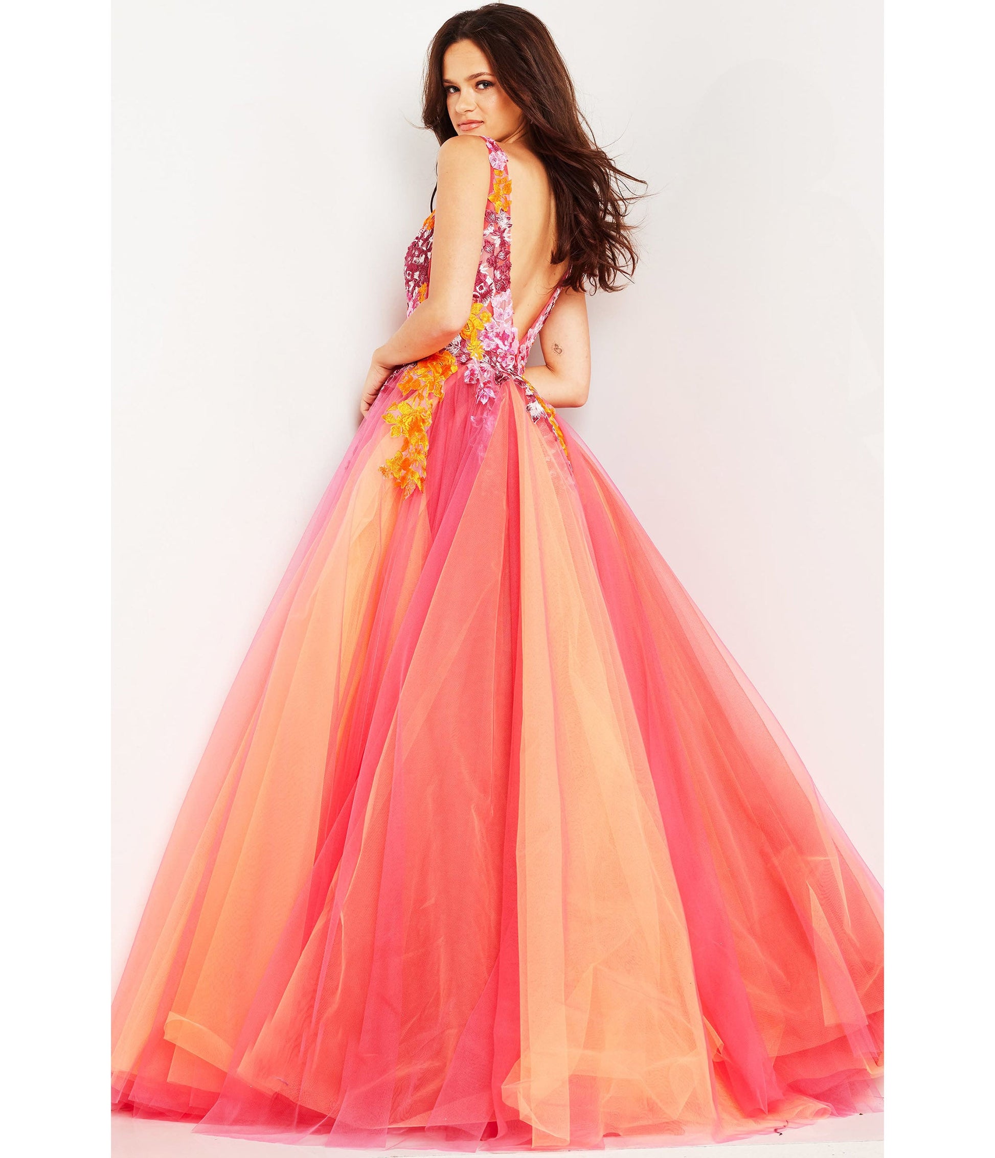 Sunset & Multicolor Floral Applique Tulle Ballgown - Unique Vintage - Womens, DRESSES, PROM AND SPECIAL OCCASION