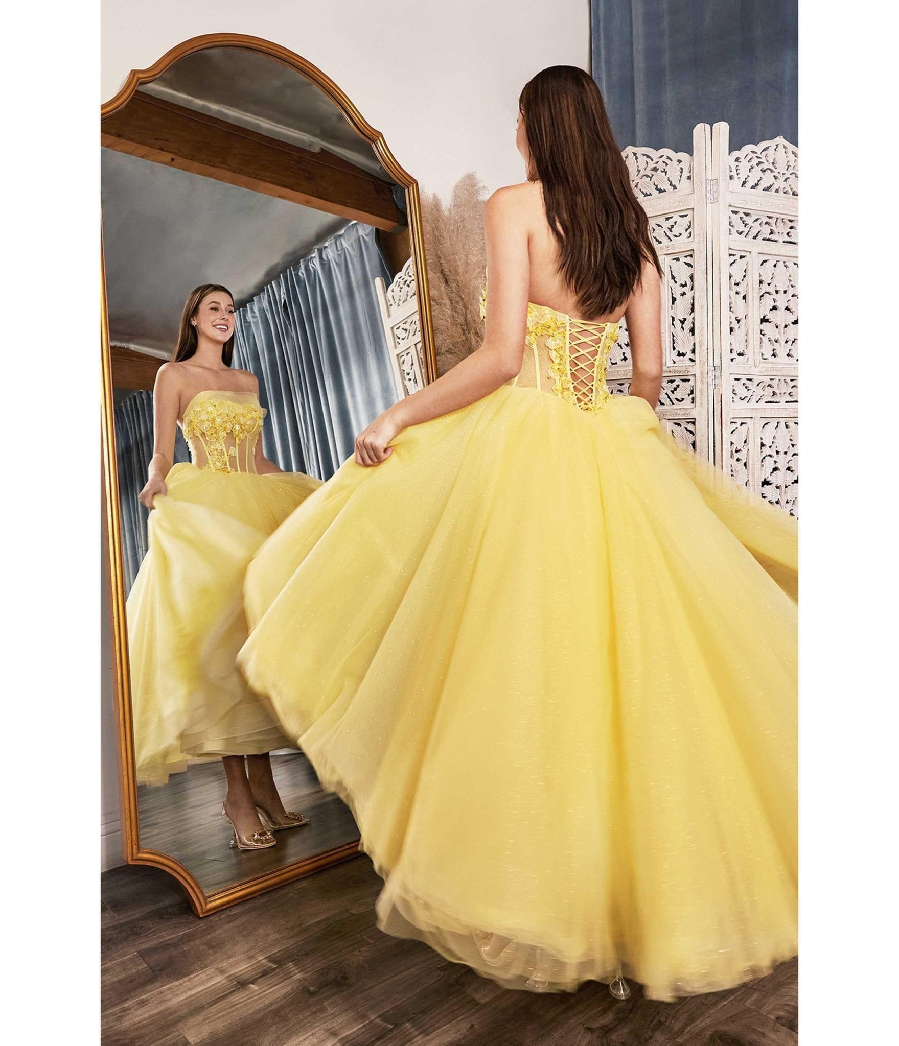 Sunshine Yellow Chiffon Royal Tea Length Bridesmaid Dress - Unique Vintage - Womens, DRESSES, PROM AND SPECIAL OCCASION