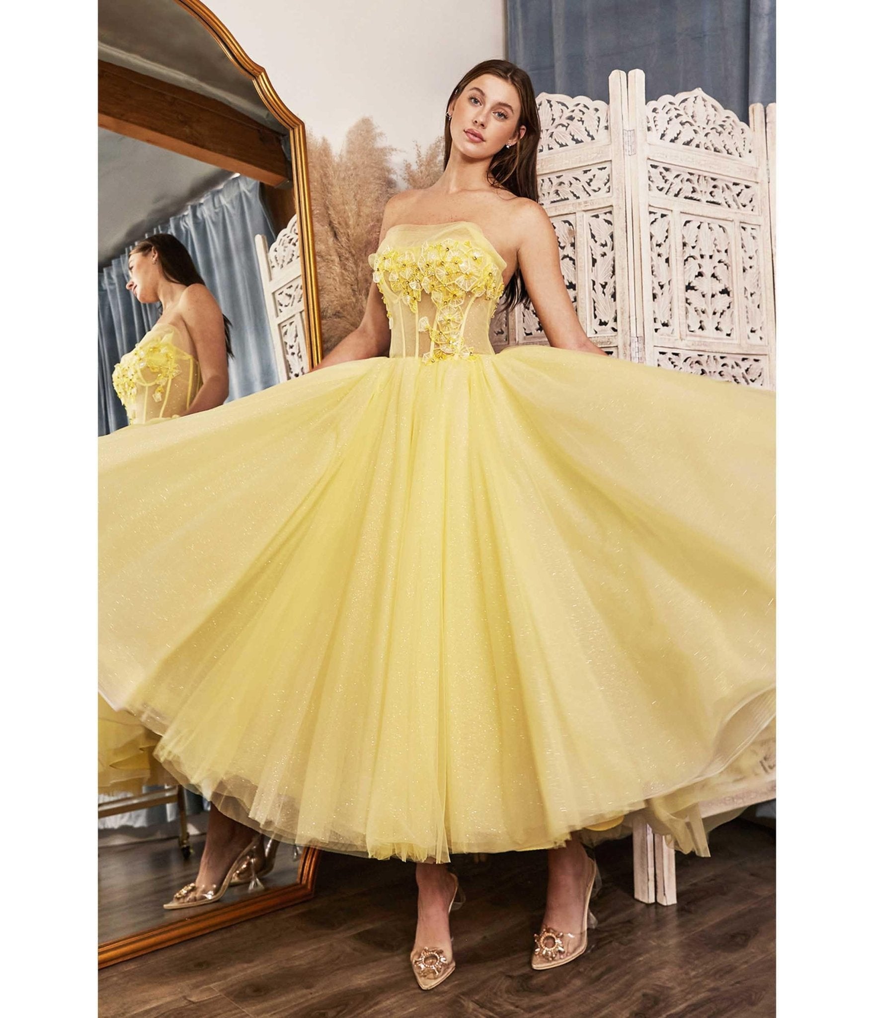 Sunshine Yellow Chiffon Royal Tea Length Bridesmaid Dress - Unique Vintage - Womens, DRESSES, PROM AND SPECIAL OCCASION