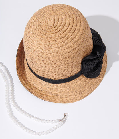Tan & Black Ribbon Woven Cloche Hat - Unique Vintage - Womens, ACCESSORIES, HATS