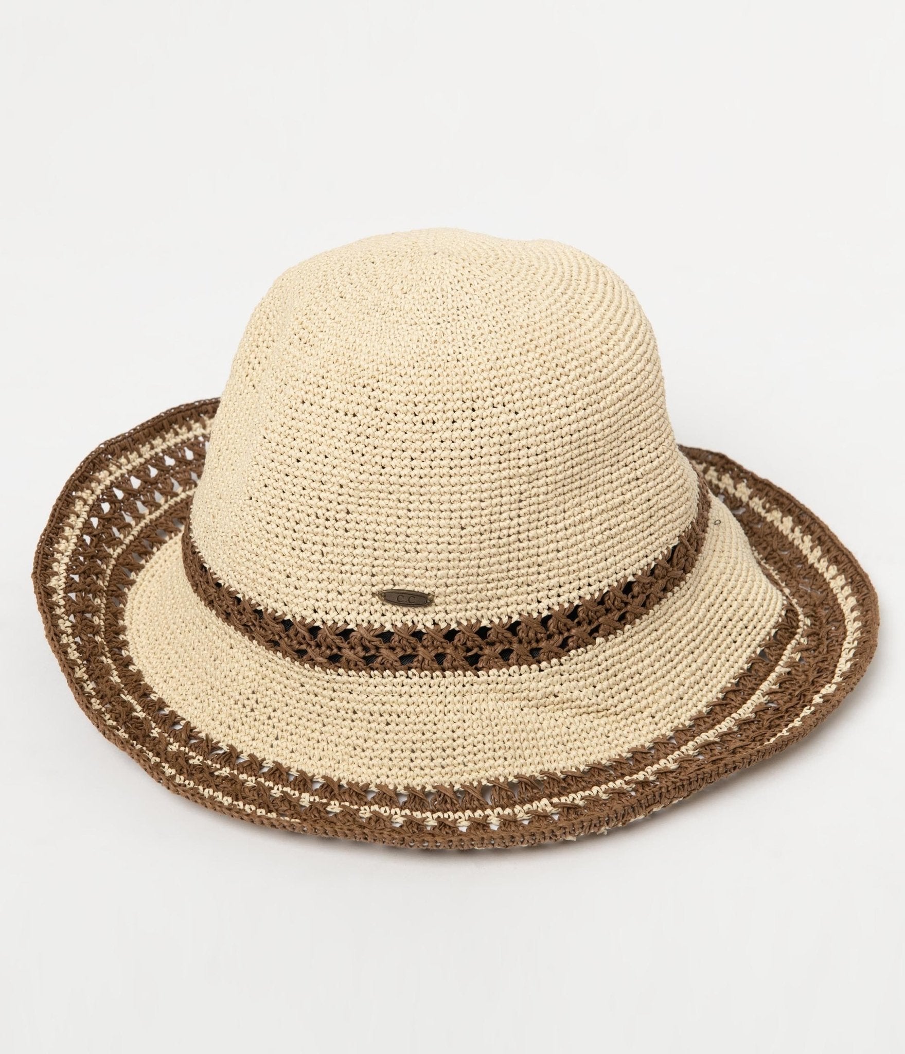Tan & Brown Straw Bucket Hat - Unique Vintage - Womens, ACCESSORIES, HATS