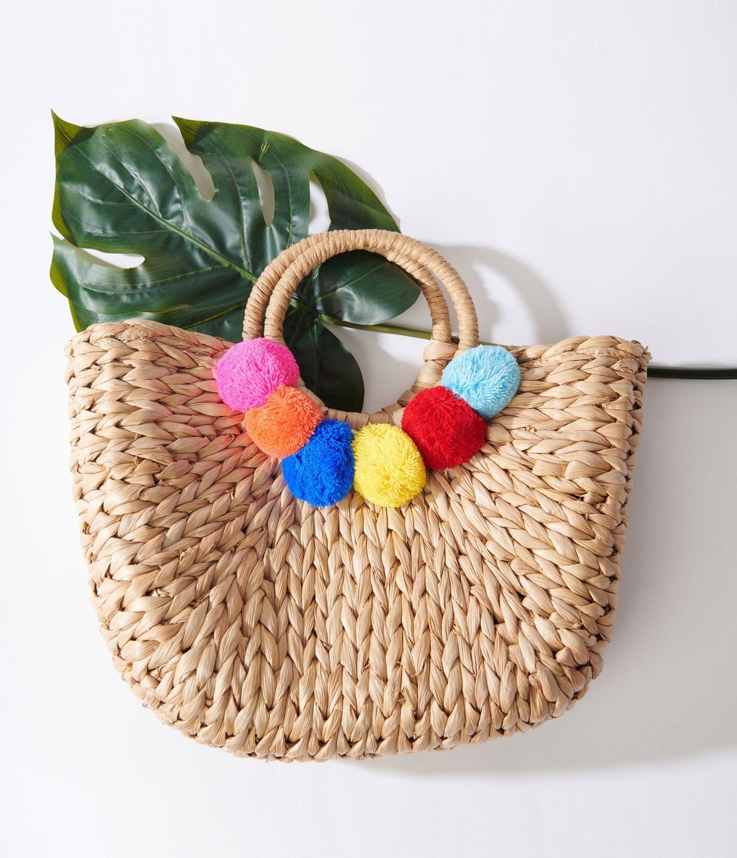 Tan Pom Pom Woven Bag - Unique Vintage - Womens, ACCESSORIES, HANDBAGS