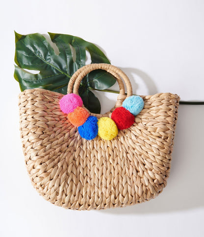 Tan Pom Pom Woven Bag - Unique Vintage - Womens, ACCESSORIES, HANDBAGS