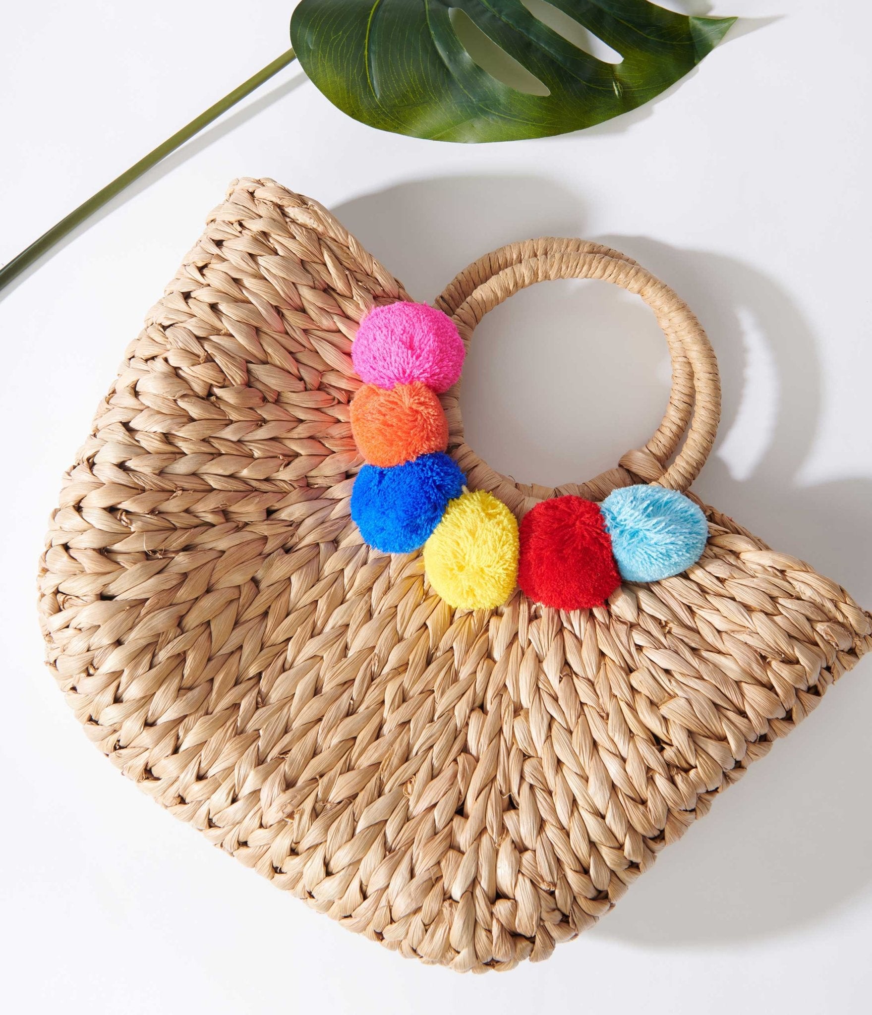 Tan Pom Pom Woven Bag - Unique Vintage - Womens, ACCESSORIES, HANDBAGS