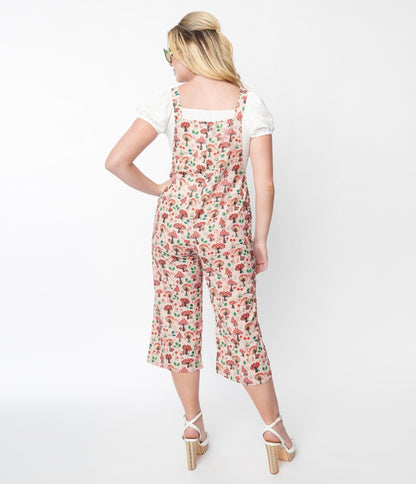 Tan & Red Mushroom Jumpsuit - Unique Vintage - Womens, BOTTOMS, ROMPERS AND JUMPSUITS
