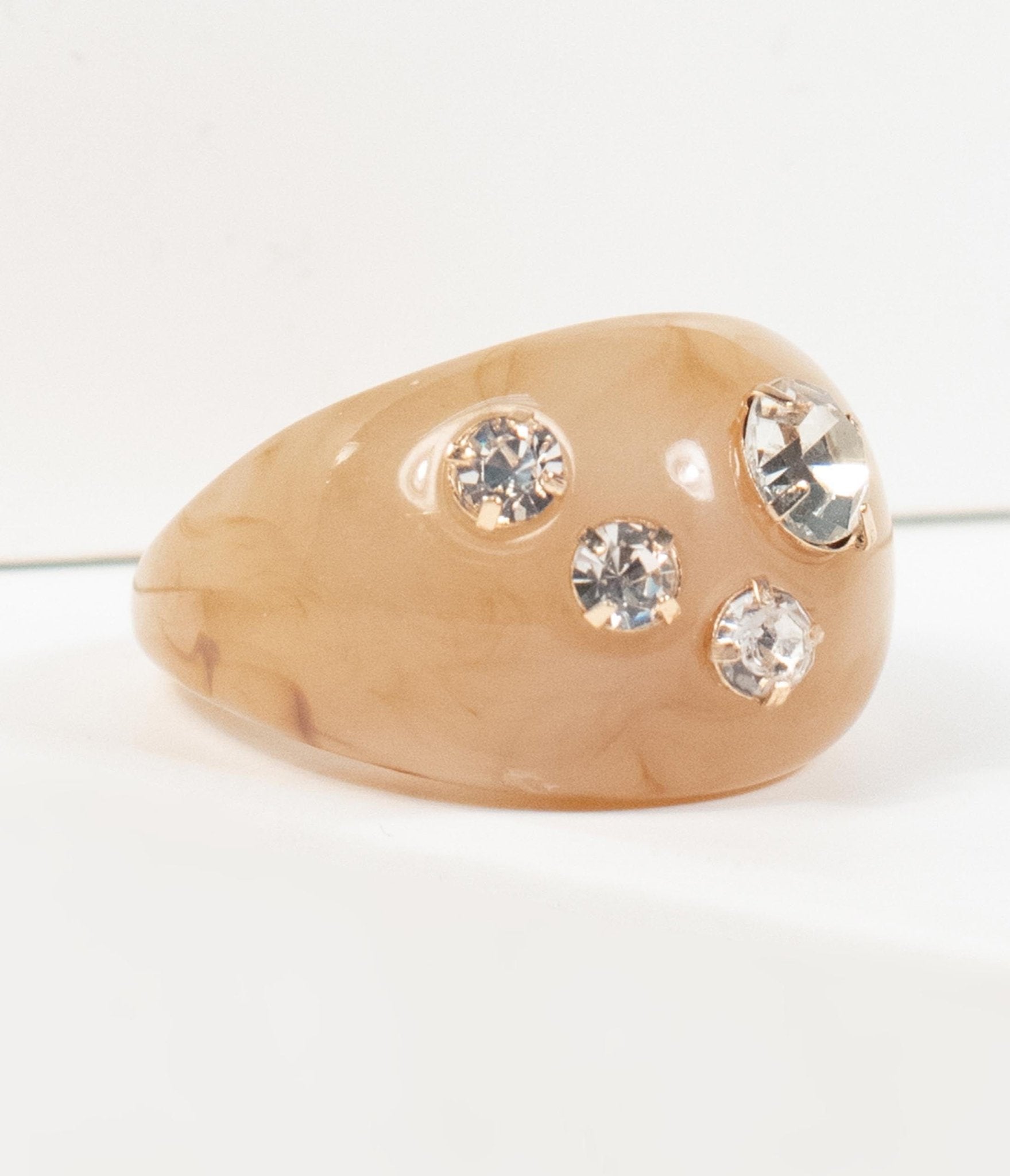 Tan Resin & Rhinestone Ring - Unique Vintage - Womens, ACCESSORIES, JEWELRY