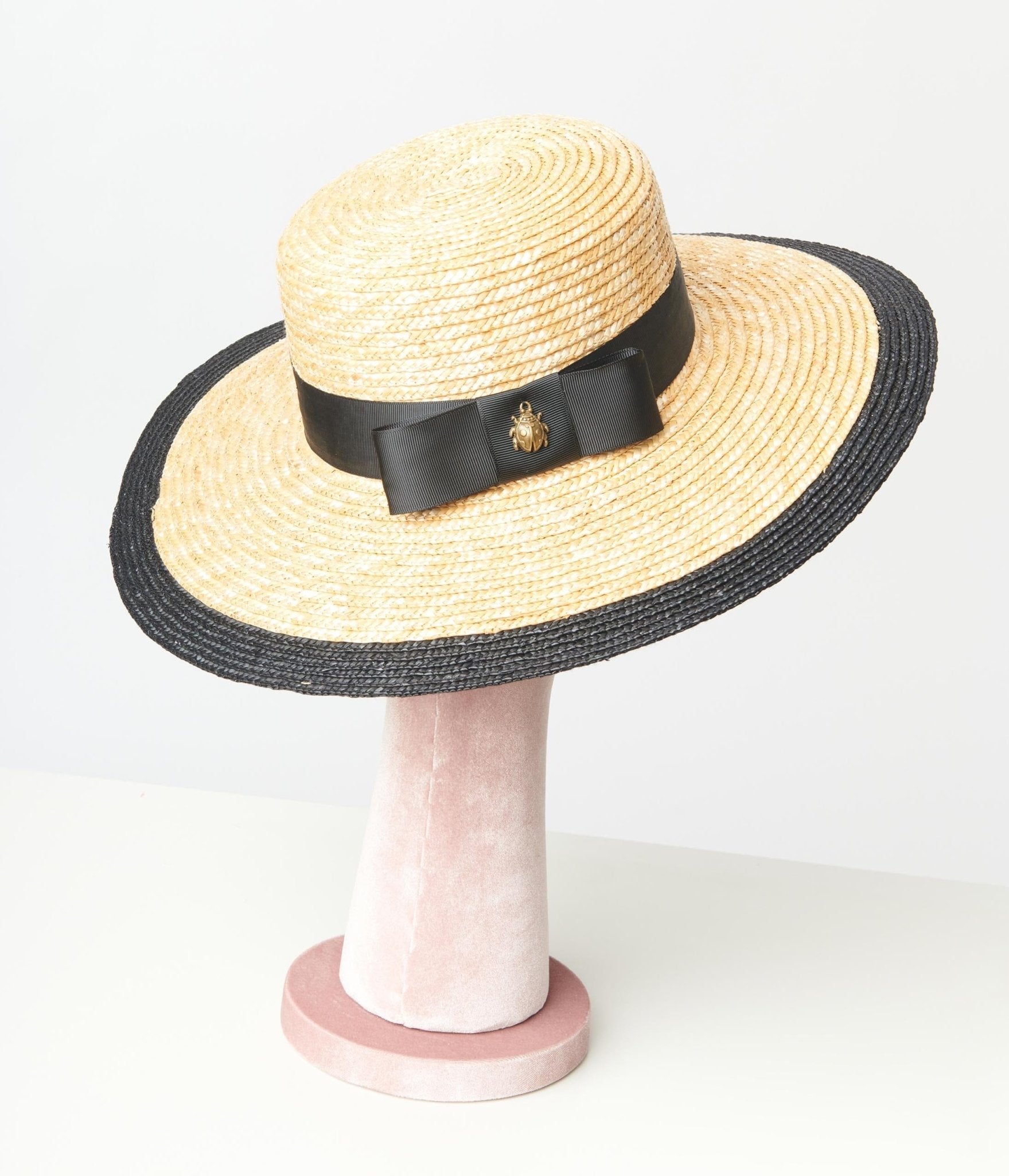 Tan Straw Black Ladybug Bow Sun Hat - Unique Vintage - Womens, ACCESSORIES, HATS