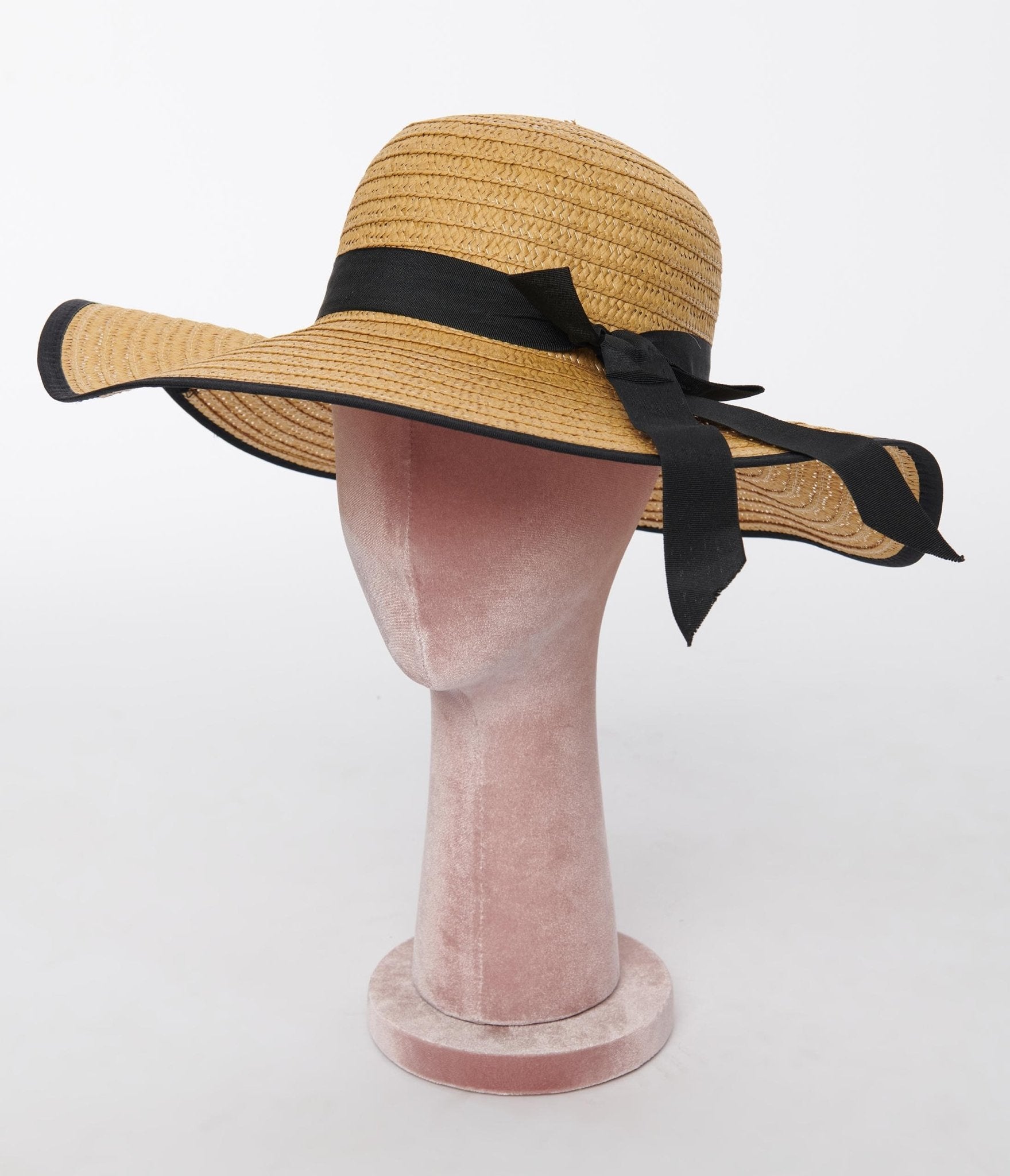 Tan Straw Black Ribbon Sun Hat - Unique Vintage - Womens, ACCESSORIES, HATS