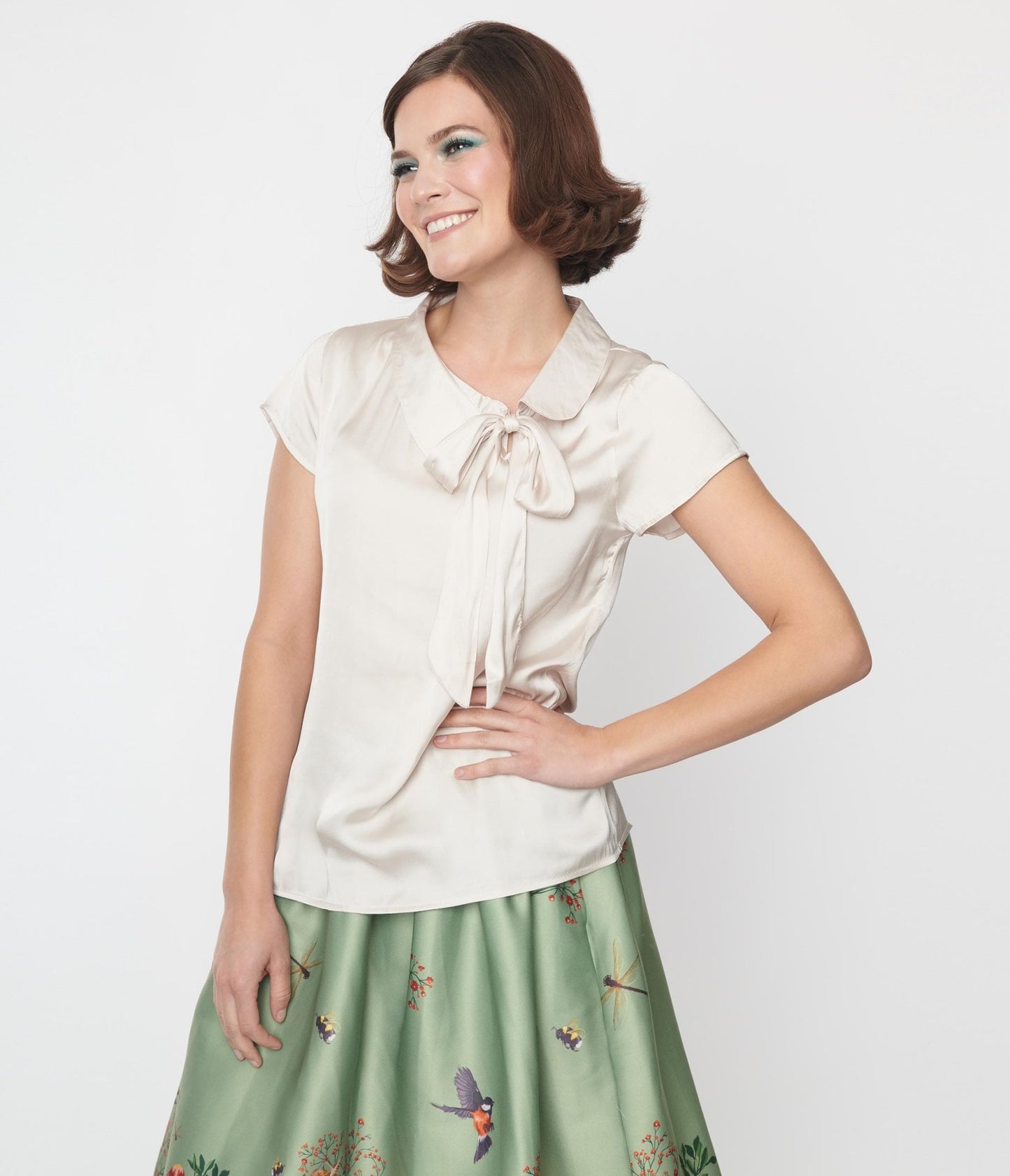 Taupe Satin Bow Blouse - Unique Vintage - Womens, TOPS, WOVEN TOPS