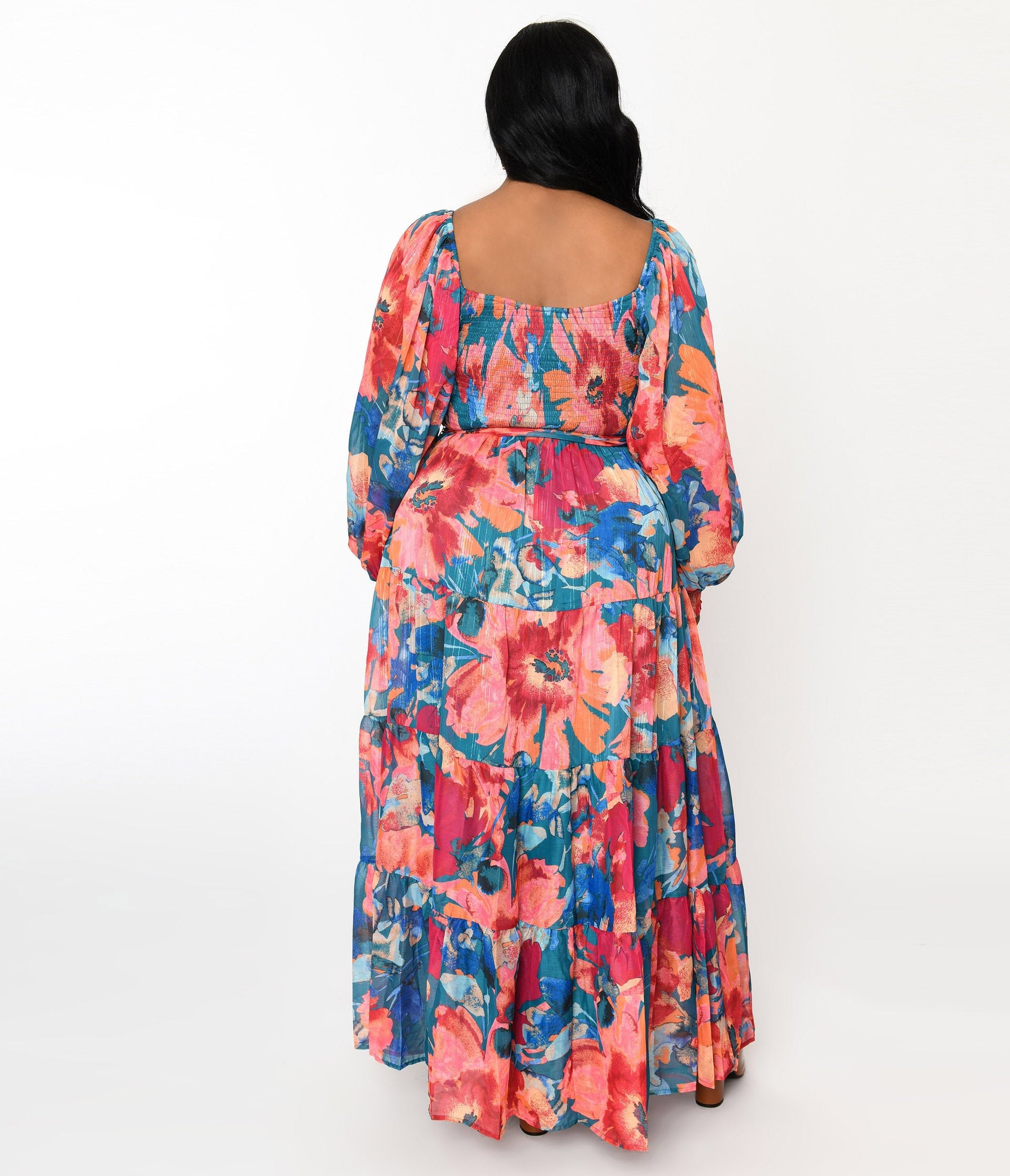 Teal & Coral Floral Maxi Dress - Unique Vintage - Womens, DRESSES, MAXI