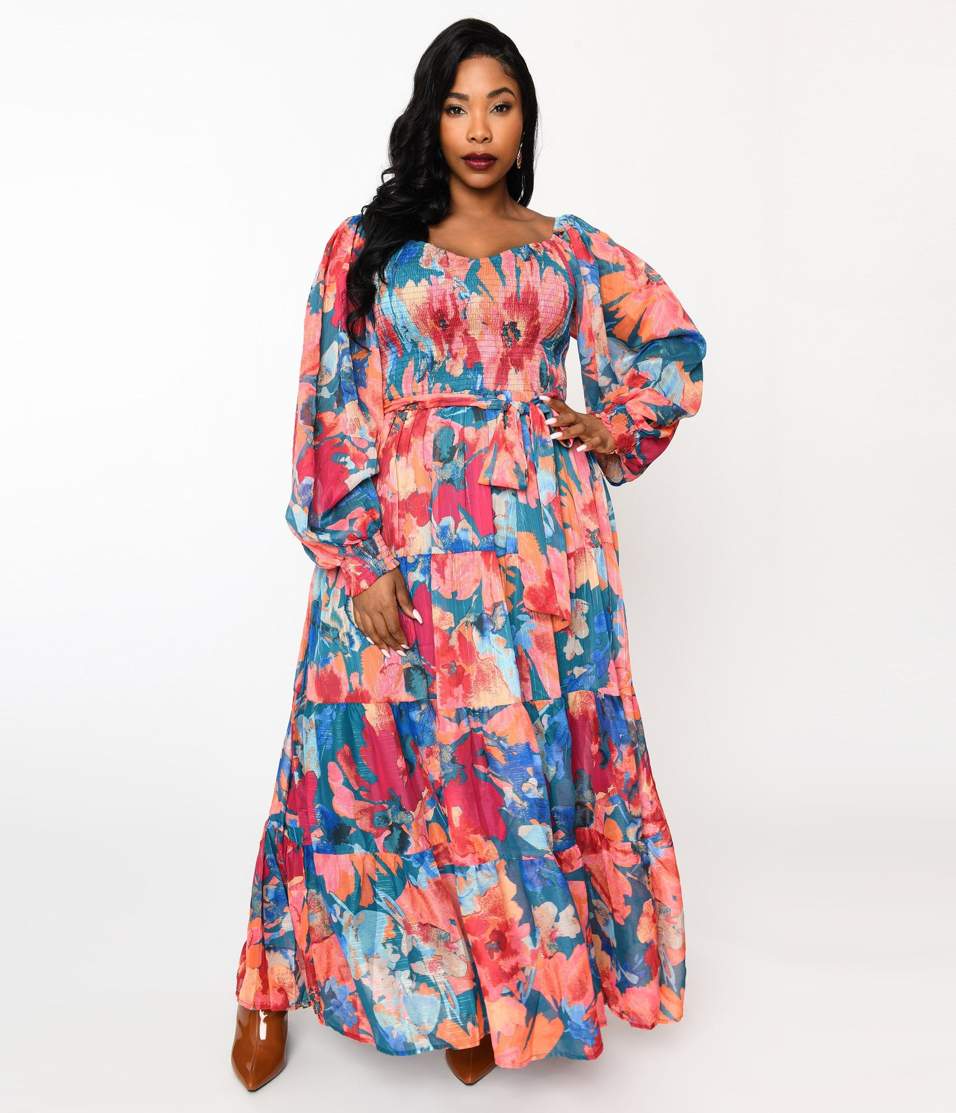 Teal & Coral Floral Maxi Dress - Unique Vintage - Womens, DRESSES, MAXI