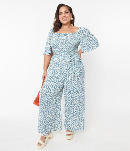 Teal Floral Palazzo Jumpsuit - Unique Vintage - Womens, BOTTOMS, ROMPERS AND JUMPSUITS