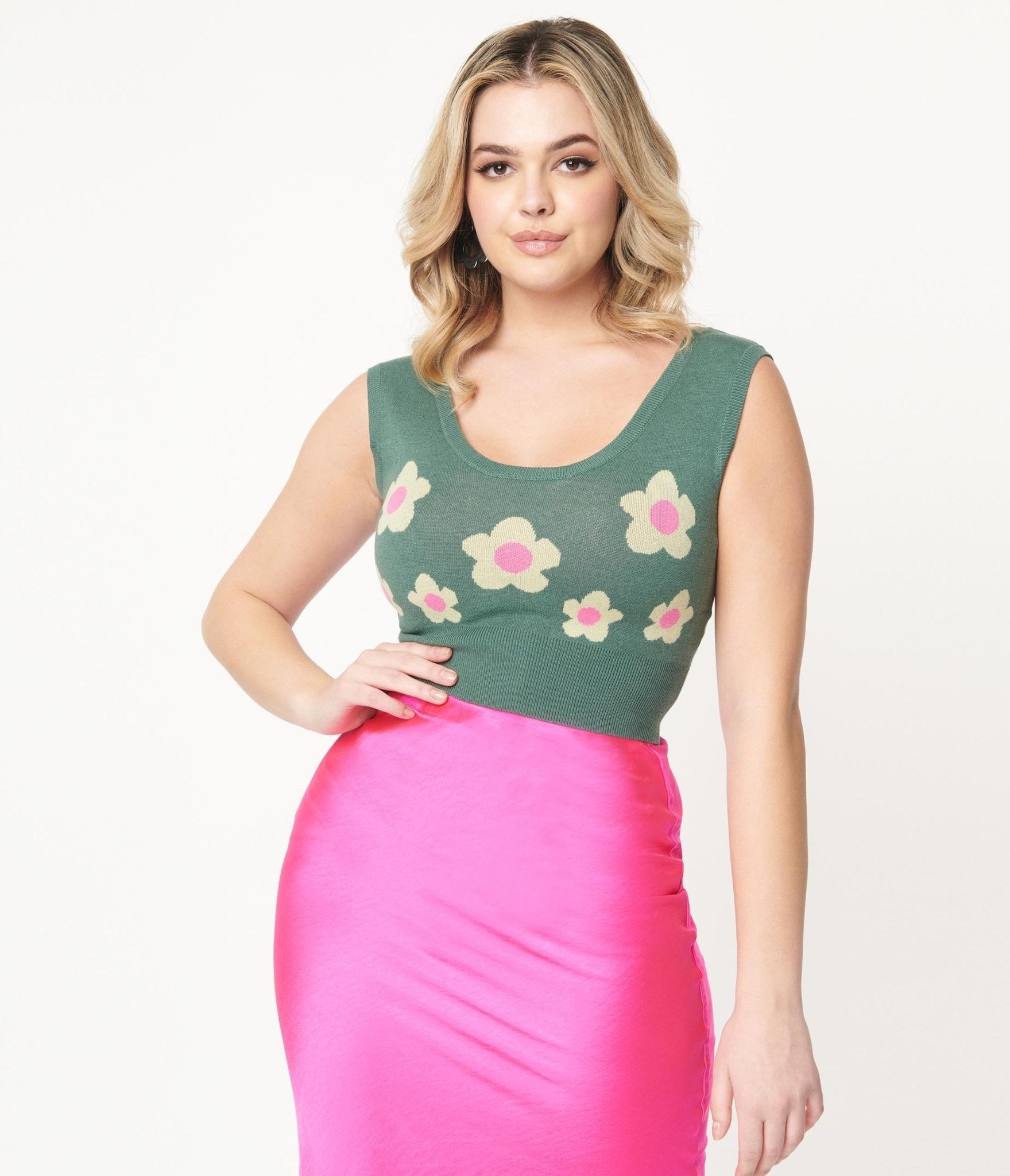 Teal Green & Mint Daisy Crop Top Sweater - Unique Vintage - Womens, TOPS, SWEATERS