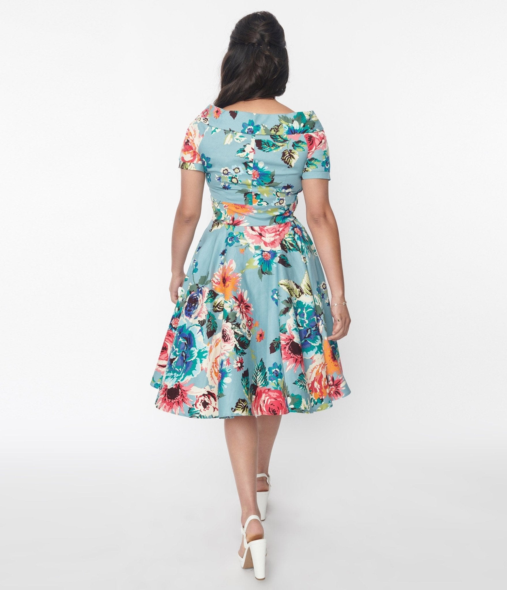 Retro Vintage Teal Multicolor Floral Swing Dress Unique Vintage