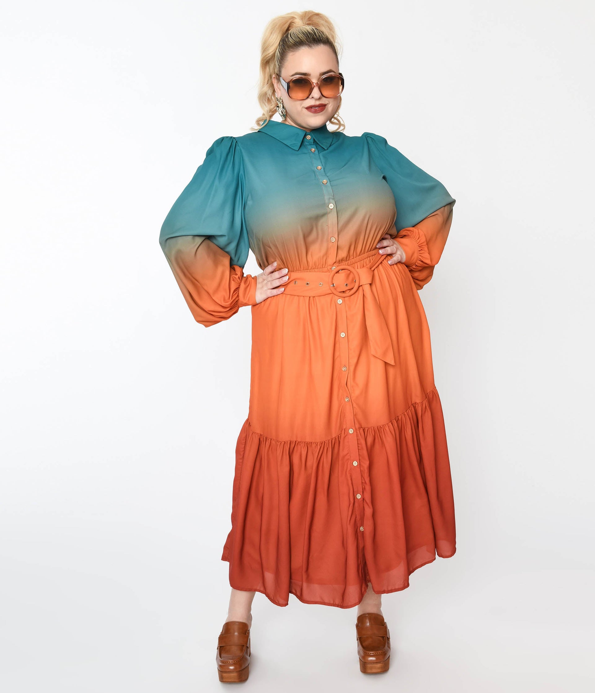 Teal & Rust Gradient Maxi Shirt Dress - Unique Vintage - Womens, DRESSES, MAXI