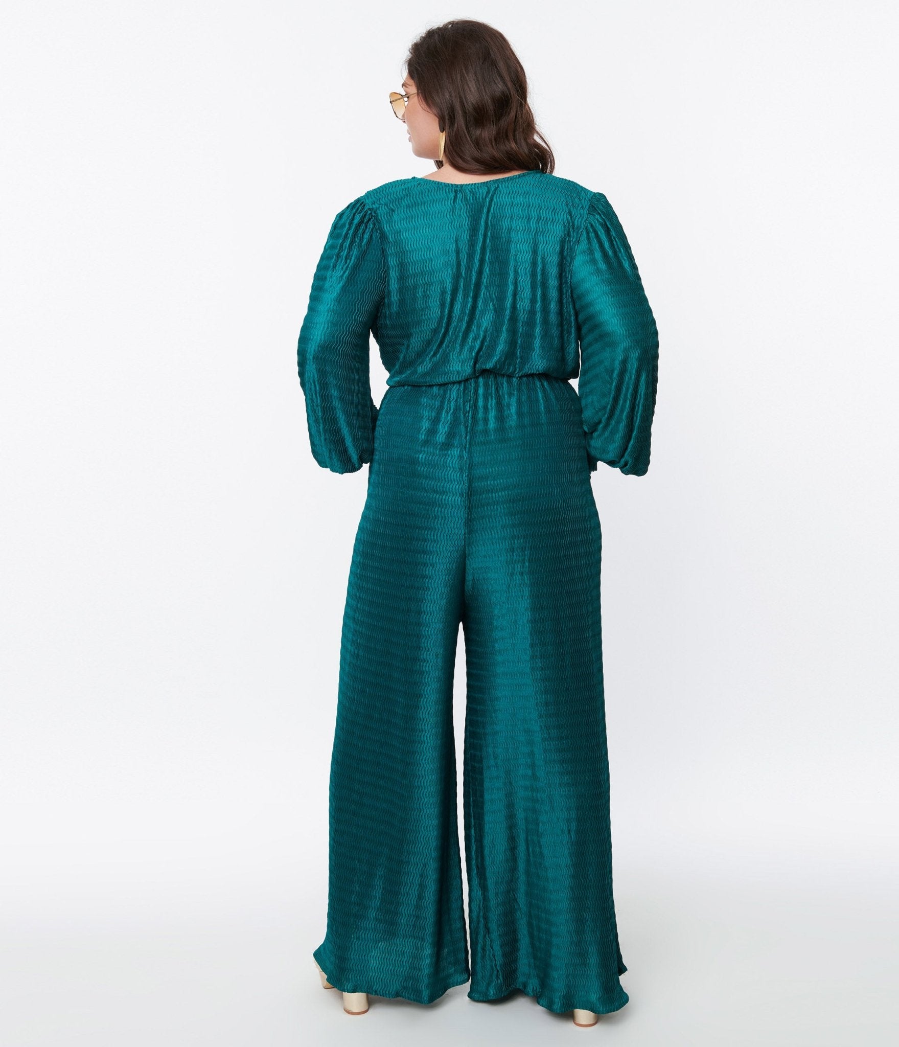 Teal Satin Textured Jumpsuit - Unique Vintage - Womens, BOTTOMS, ROMPERS AND JUMPSUITS