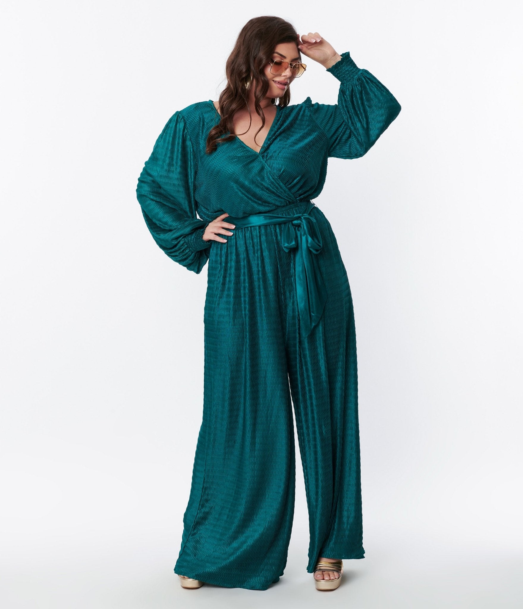 Teal Satin Textured Jumpsuit - Unique Vintage - Womens, BOTTOMS, ROMPERS AND JUMPSUITS