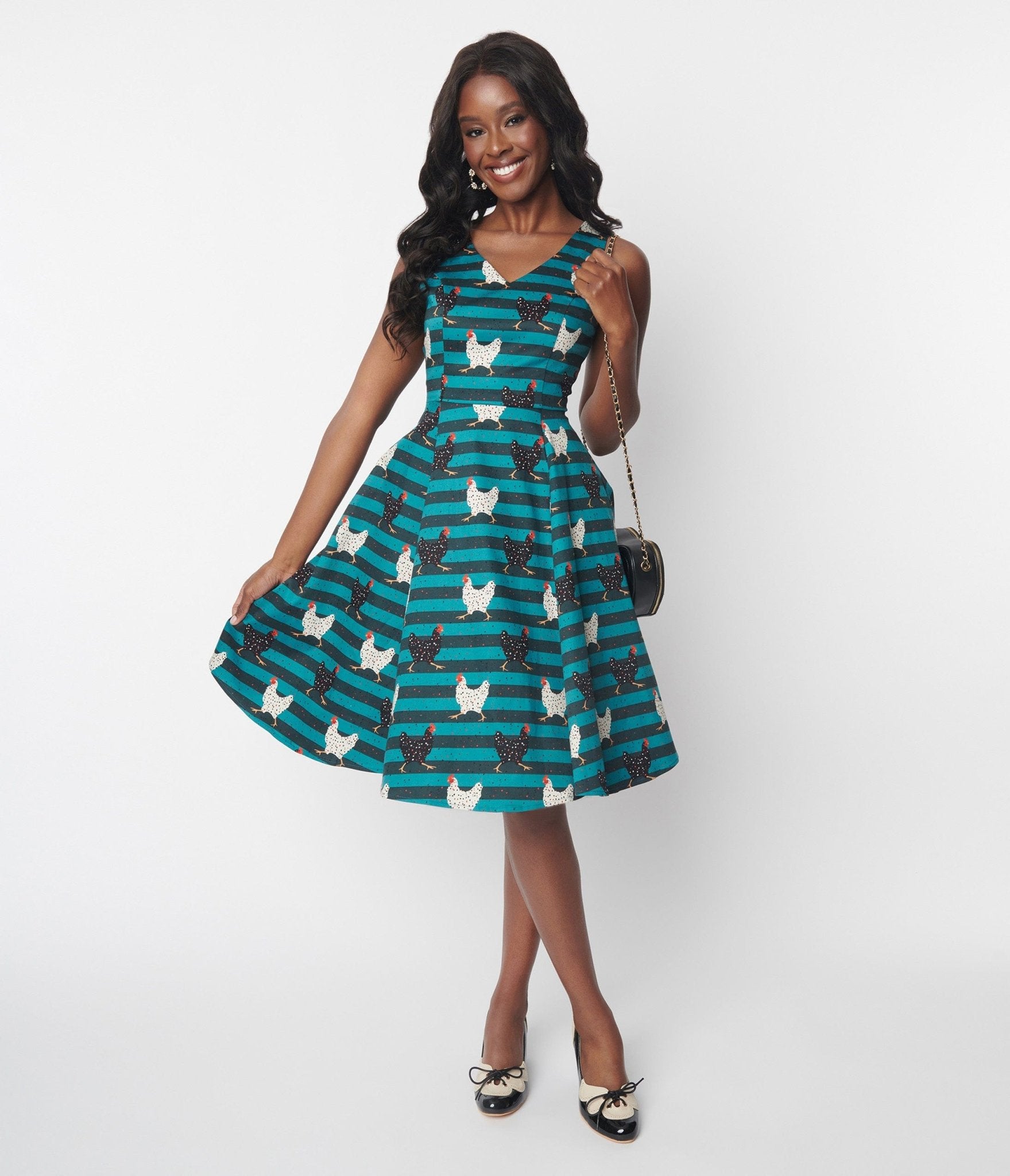 Teal Striped Chicken Swing Dress - Unique Vintage - Womens, DRESSES, SWING