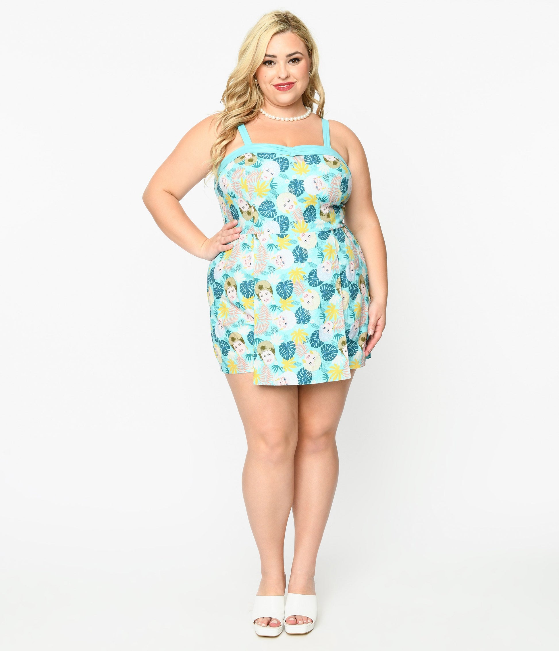 The Golden Girls x Unique Vintage Plus Size Aqua Character Print Skirted Dolly Romper - Unique Vintage - Womens, BOTTOMS, ROMPERS AND JUMPSUITS