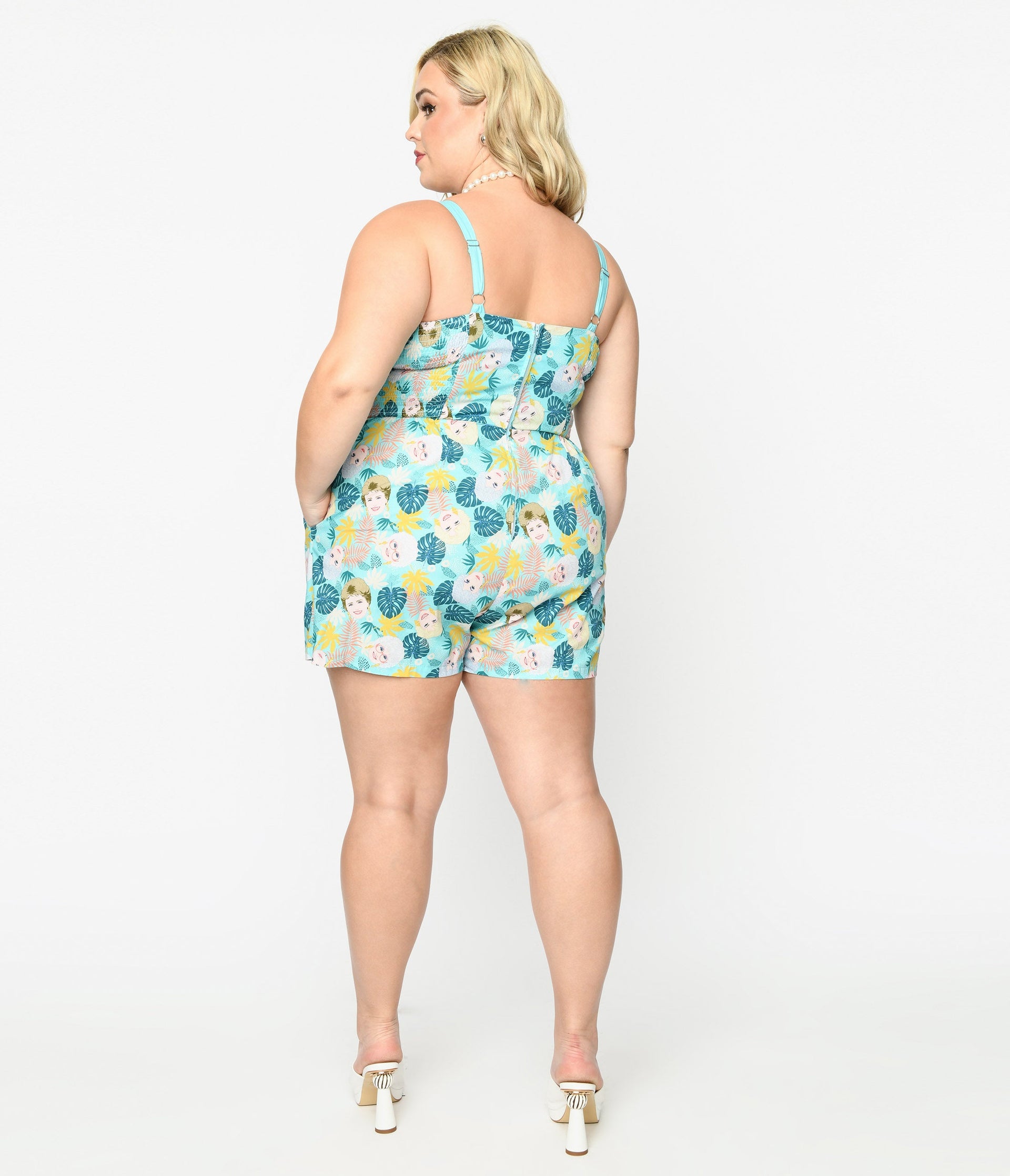 The Golden Girls x Unique Vintage Plus Size Aqua Character Print Skirted Dolly Romper - Unique Vintage - Womens, BOTTOMS, ROMPERS AND JUMPSUITS