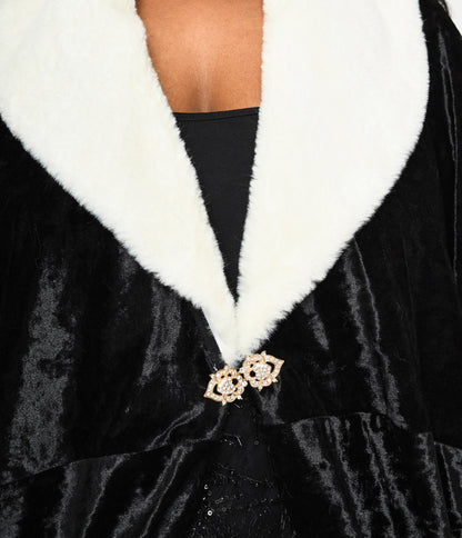 The Great Gatsby x Unique Vintage Black Crushed Velvet & White Fur Collar Kimono - Unique Vintage - Womens, TOPS, OUTERWEAR