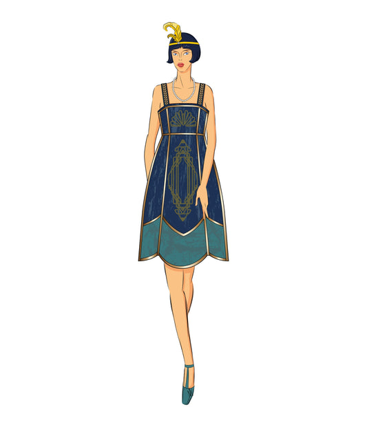 The Vault - 1920s Navy & Teal Deco Velvet Flapper Dress - Unique Vintage - Womens, FLAPPER, SLEEVED NON BEADED