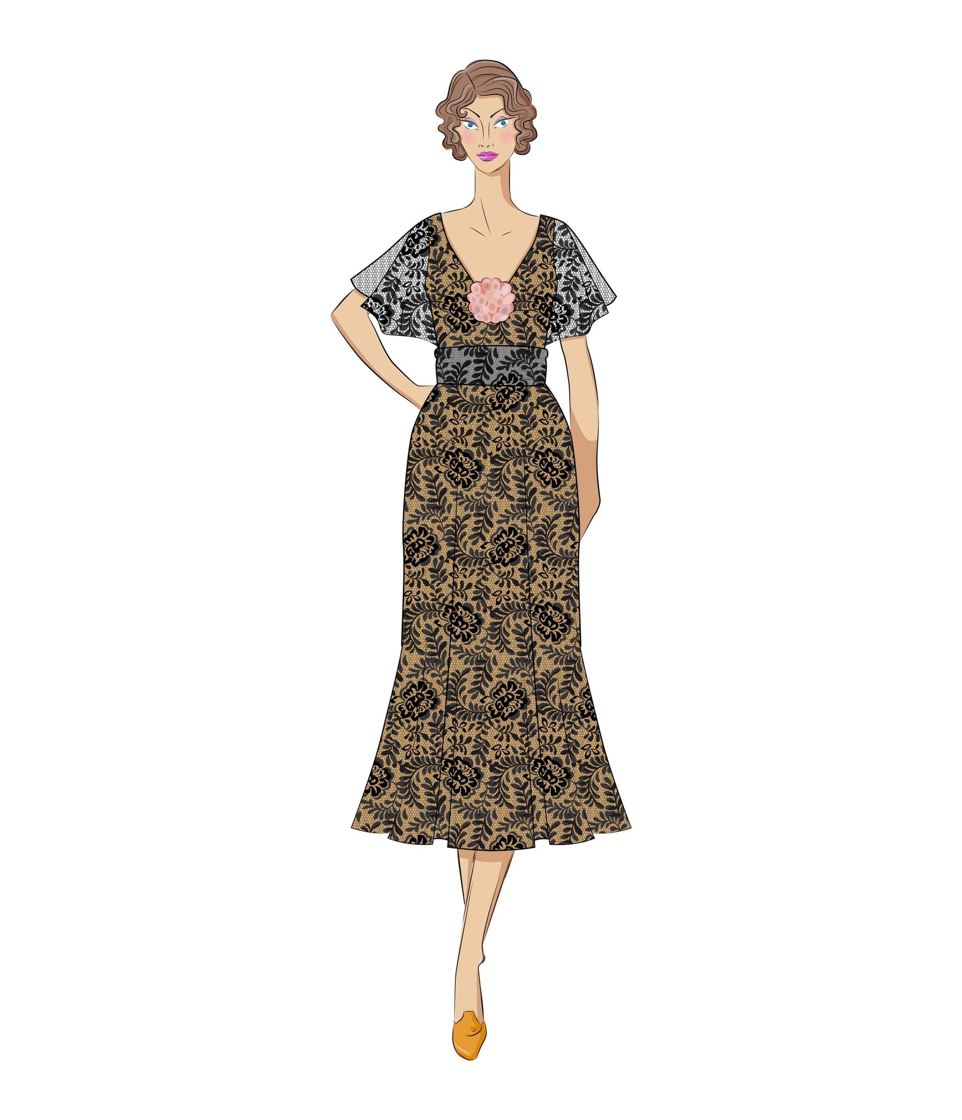 The Vault - 1930s Black Lace & Peach Lining Flutter Sleeve Gown - Unique Vintage - Womens, DRESSES, PROM AND SPECIAL OCCASION