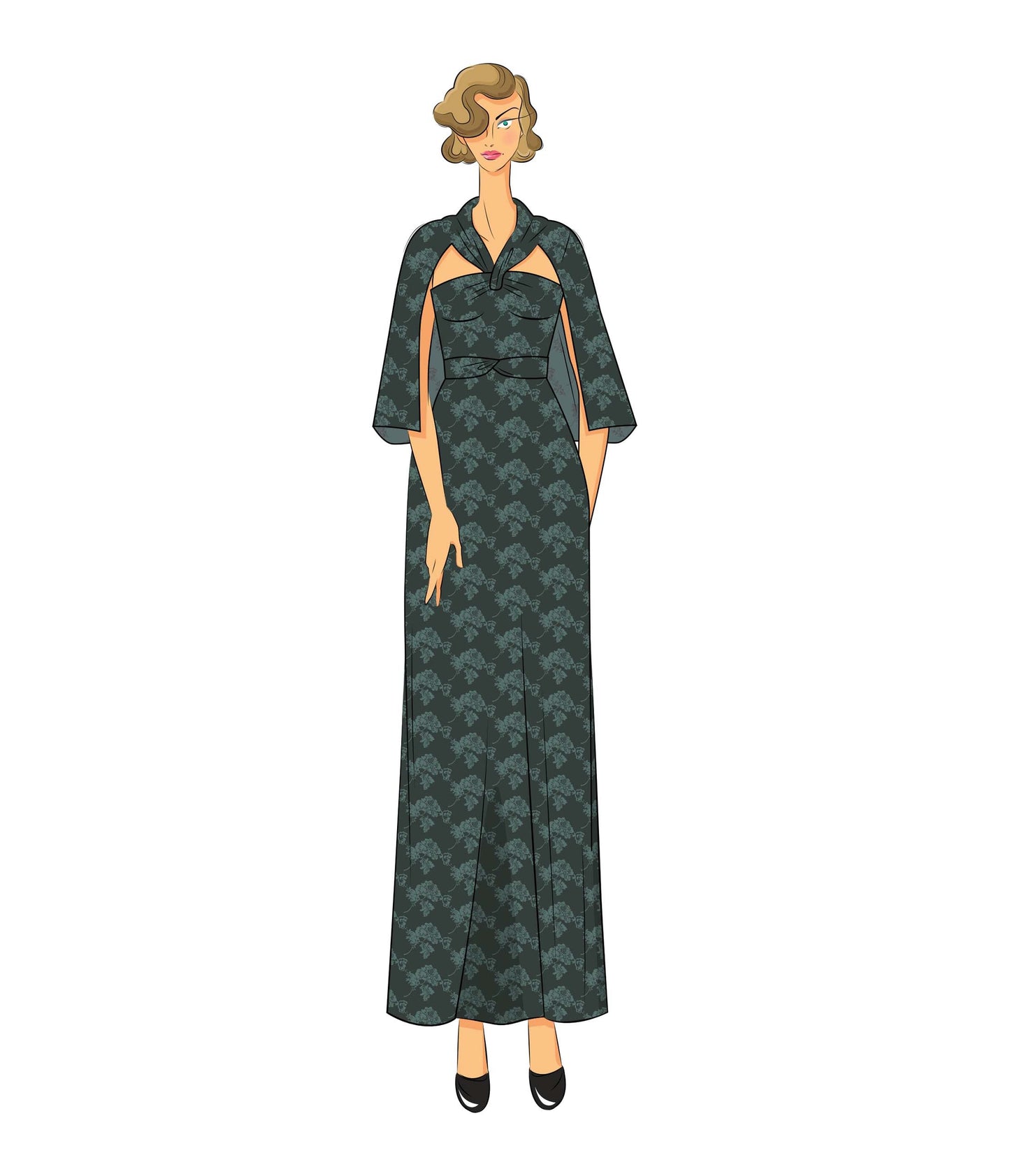 The Vault - 1930s Green Jacquard Satin Gown with Cape - Unique Vintage - Womens, DRESSES, PROM AND SPECIAL OCCASION