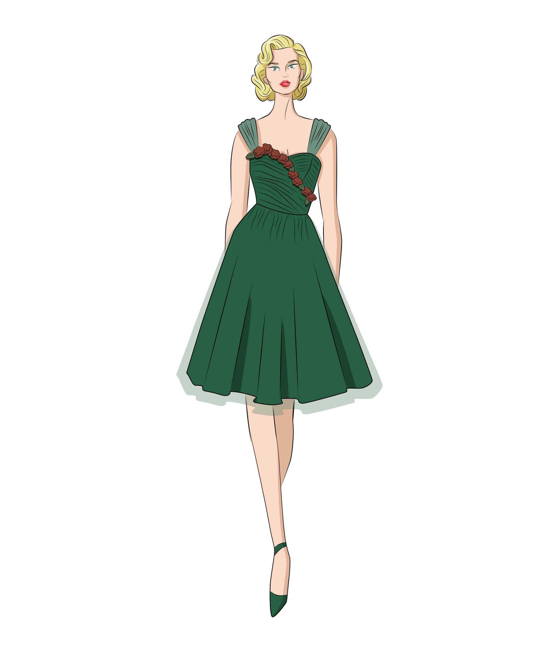 The Vault- 1940s Emerald & Roses Garden State Swing Dress - Unique Vintage - Womens, DRESSES, PROM AND SPECIAL OCCASION