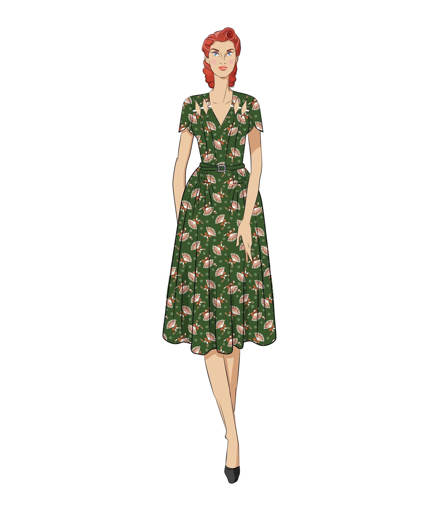 The Vault - 1940s Hunter Green Fan Print Tulip Sleeve Swing Dress - Unique Vintage - Womens, DRESSES, SWING