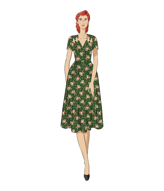 The Vault - 1940s Hunter Green Fan Print Tulip Sleeve Swing Dress - Unique Vintage - Womens, DRESSES, SWING