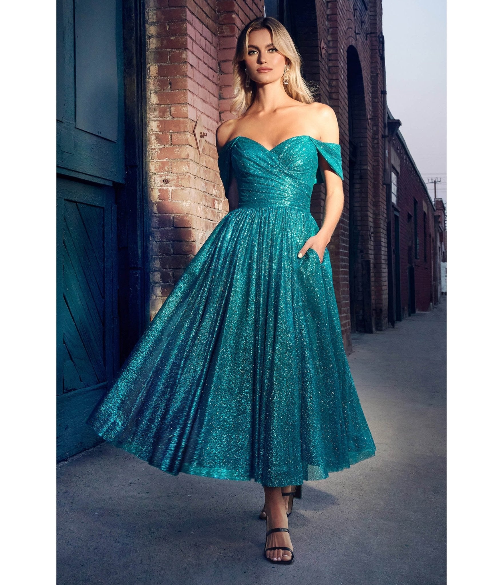 Turquoise Glitter Off The Shoulder Tea Length Dress - Unique Vintage - Womens, DRESSES, PROM AND SPECIAL OCCASION