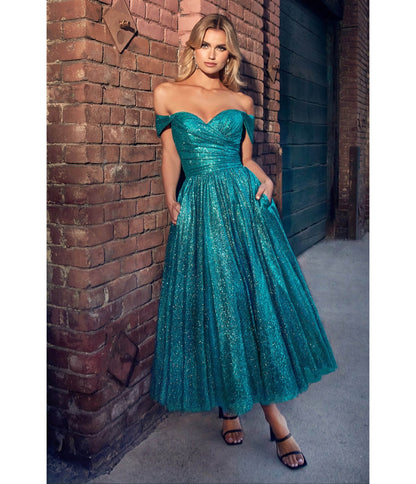 Turquoise Glitter Off The Shoulder Tea Length Dress - Unique Vintage - Womens, DRESSES, PROM AND SPECIAL OCCASION