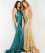 Jovani Turquoise Sequin Plunging Fitted Evening Gown