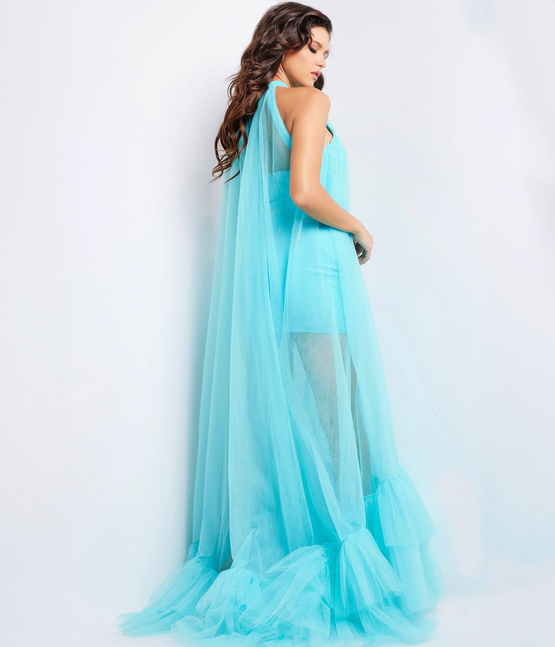 Turquoise Tulle High Neck Prom Dress - Unique Vintage - Womens, DRESSES, PROM AND SPECIAL OCCASION