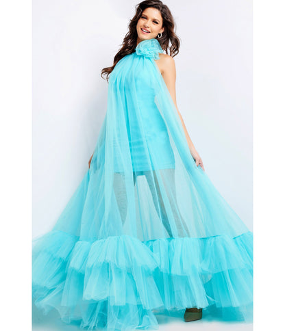 Turquoise Tulle High Neck Prom Dress - Unique Vintage - Womens, DRESSES, PROM AND SPECIAL OCCASION