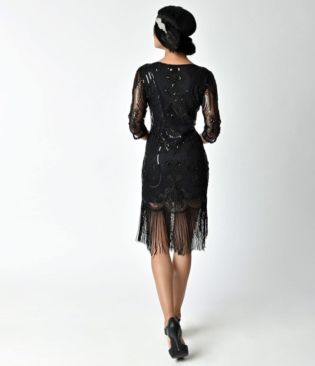 Retrofête Belle Embellished Fringe Dress Black/Silver / L