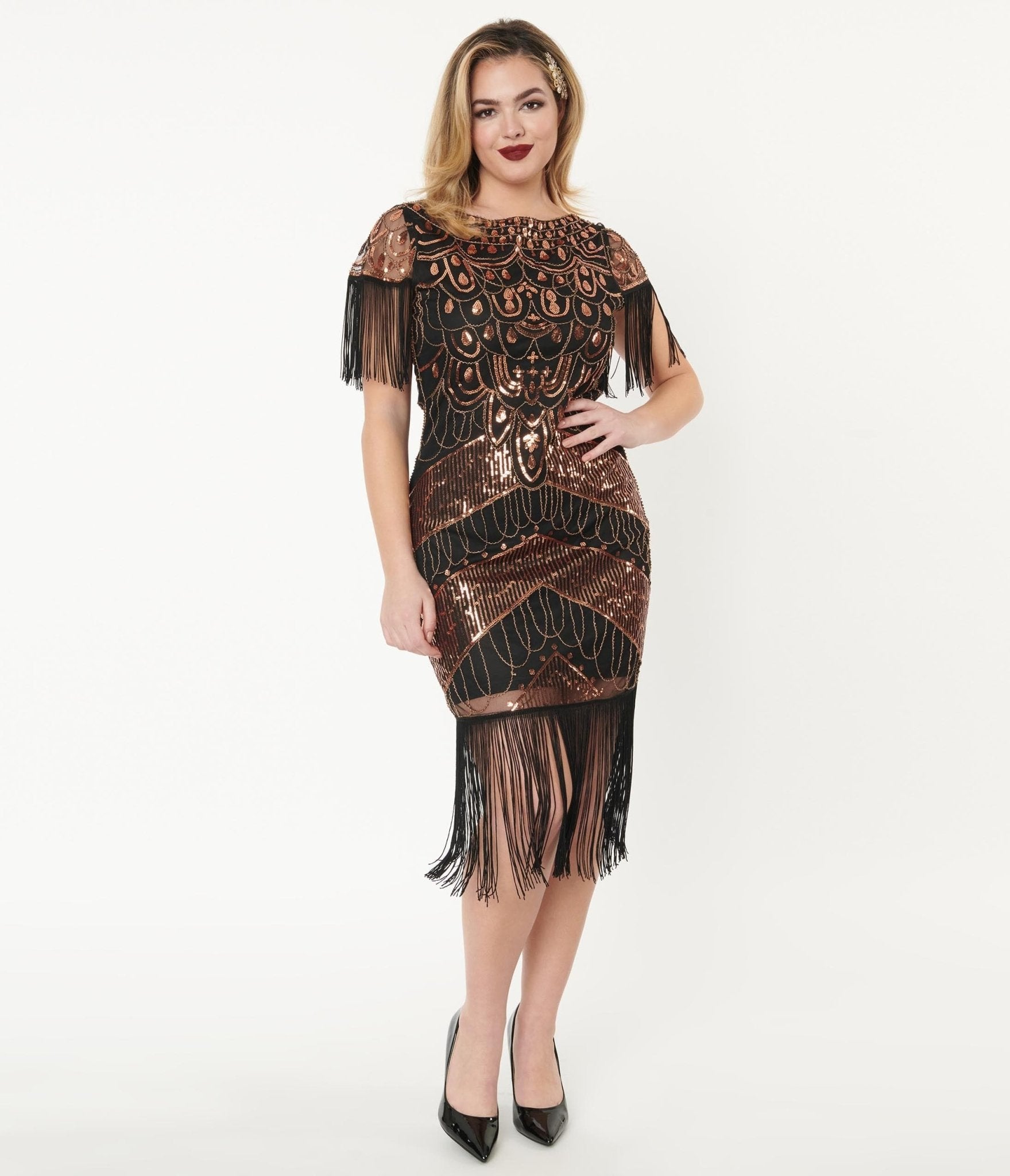 Unique Vintage 1920s Black Bronze Sequin Sleeved Laure Flapper Dress