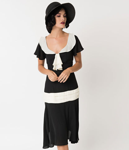 Unique Vintage 1920s Black & Cream Wilshire Flapper Day Dress - Unique Vintage - Womens, FLAPPER, SLEEVED NON BEADED