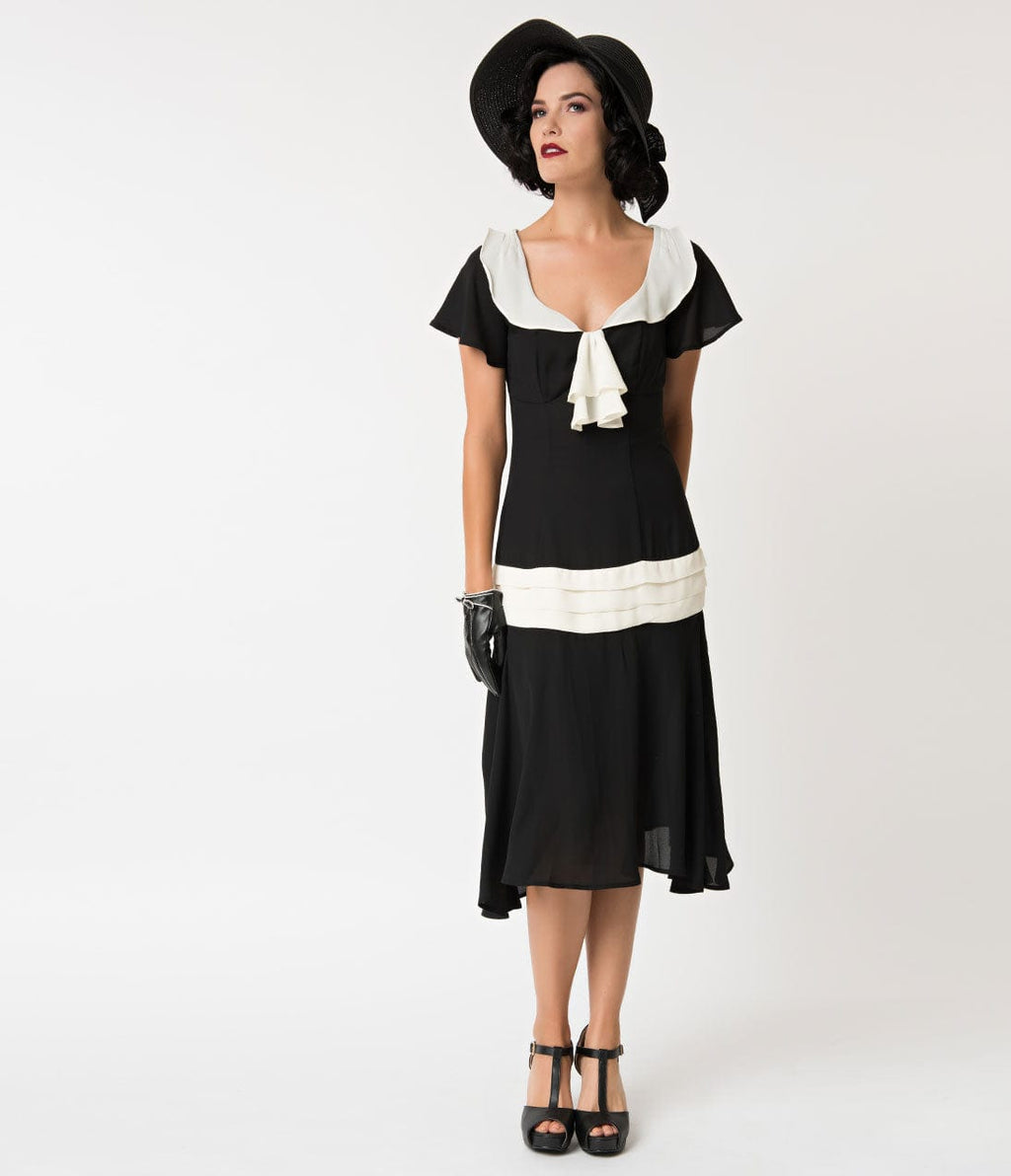 Unique Vintage 1920s Black & Cream Wilshire Flapper Day Dress S/4 Unique Vintage 1920s Black & Cream Wilshire Flapper Day Dress S/4