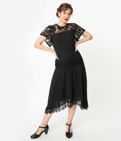 Unique Vintage 1920s Black Lace Marmande Flapper Dress - Unique Vintage - Womens, FLAPPER, SLEEVED NON BEADED